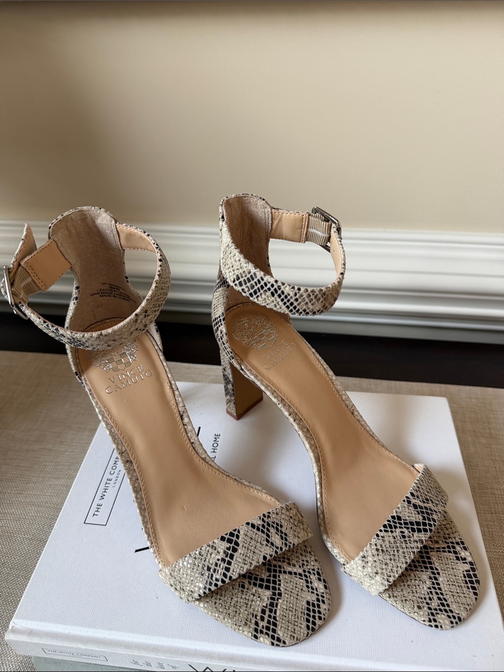 NWOT Vince Camuto Snake-Print Ankle Strap Heels